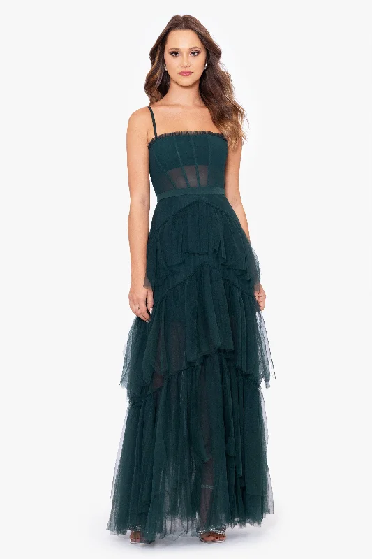 Where to find birthday dresses with ruffled details-"Jasmine" Long Spaghetti Strap Mesh Corset Gown Where to find birthday dresses with ruffled details-"Jasmine" Long Spaghetti Strap Mesh Corset Gown