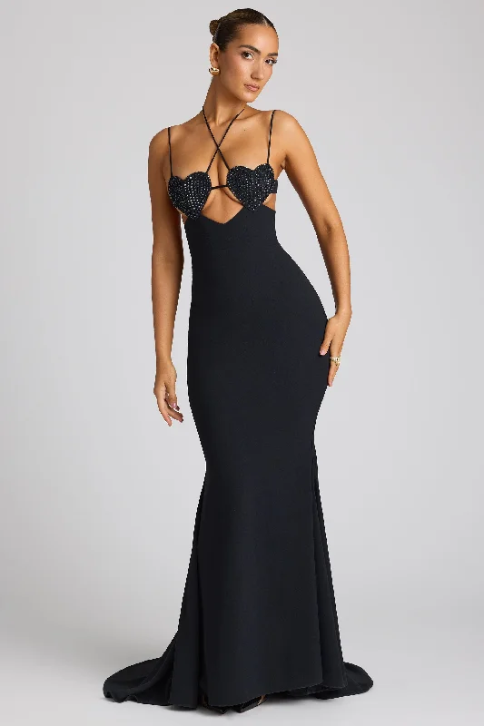 Evening dresses with beaded embellishments for glamour-Embellished Heart Cup Detail Evening Gown in Black Evening dresses with beaded embellishments for glamour-Embellished Heart Cup Detail Evening Gown in Black