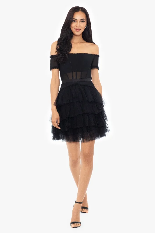 Cocktail Dresses with Beaded Embellishments-"Priscilla" Off the Shoulder Tiered Mesh Short Dress Cocktail Dresses with Beaded Embellishments-"Priscilla" Off the Shoulder Tiered Mesh Short Dress