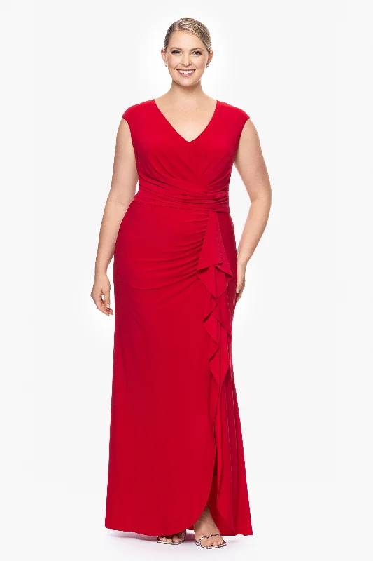 How to wear day dresses for a stroll in the park-Plus "Marianne" Long Jersey Knit V-Neck Ruffle Dress How to wear day dresses for a stroll in the park-Plus "Marianne" Long Jersey Knit V-Neck Ruffle Dress