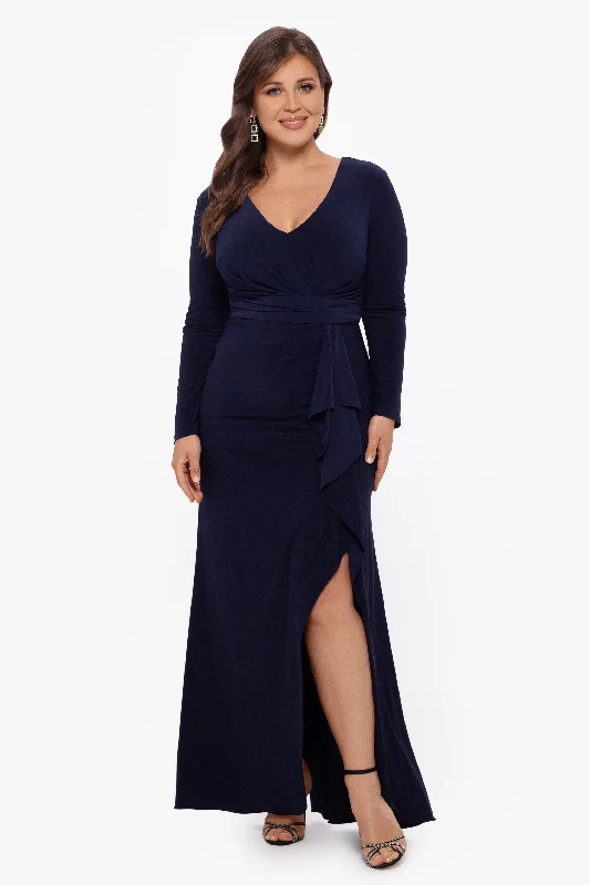 Plus size sequin red carpet gowns awards night -Plus "Elle" Long Sleeve Side Ruffled Slit Gown Plus size sequin red carpet gowns awards night -Plus "Elle" Long Sleeve Side Ruffled Slit Gown
