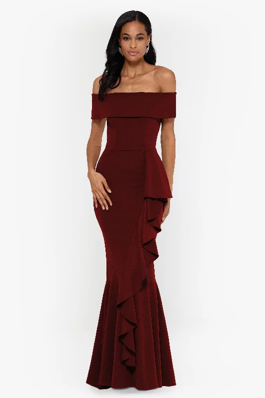 Wedding Guest Dresses with Glow-in-the-Dark Accents-Petite "Carina" Long Off the Shoulder Ruffle Dress