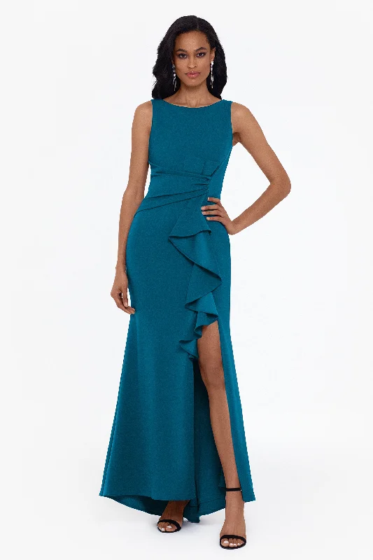 How to accessorize an evening dress-"Christine" Scuba Crepe Ruffled Bow Gown