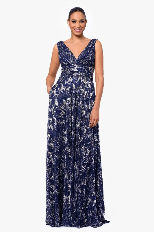 Wedding Guest Dresses with Sleeves-"Charlene" Long Metallic Crinkle V-Neck Floor Length Dress
