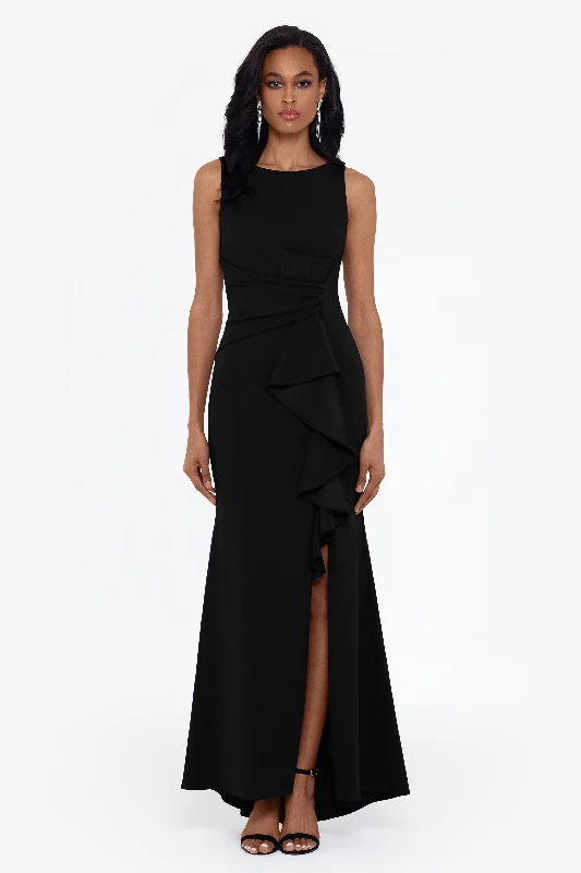 Evening dresses with deep back designs for an elegant twist-"Christine" Scuba Crepe Ruffled Bow Gown Evening dresses with deep back designs for an elegant twist-"Christine" Scuba Crepe Ruffled Bow Gown