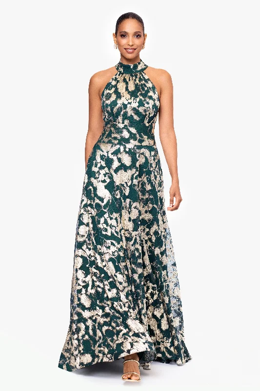Wedding Guest Dresses with Belt-Petite "Naomi" Long Metallic Crinkle High Halter Neck Floor Length Dress