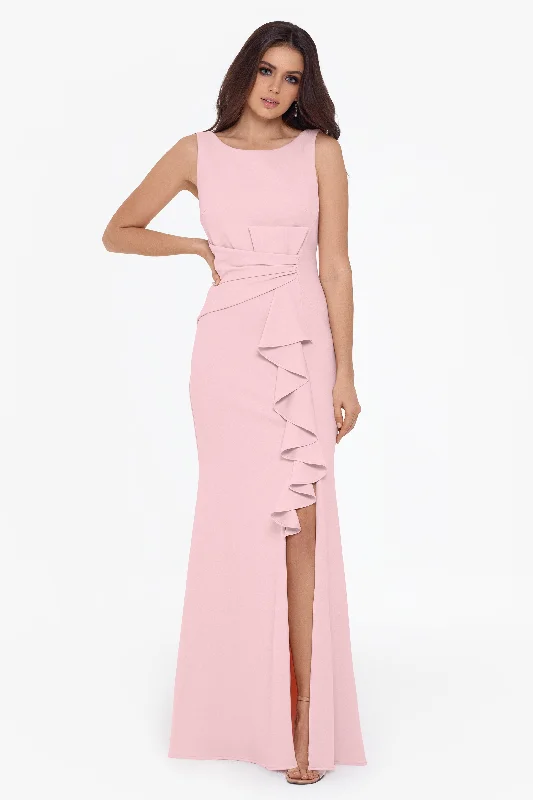 Best day dresses for a fun day in the sun-Petite "Christine" Scuba Crepe Ruffled Bow Gown