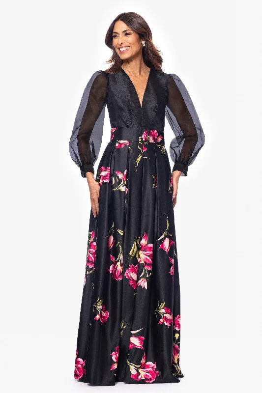 Wedding Guest Dresses without Sleeves-"Coraline" Long Sleeve Satin Print Floor Length Gown