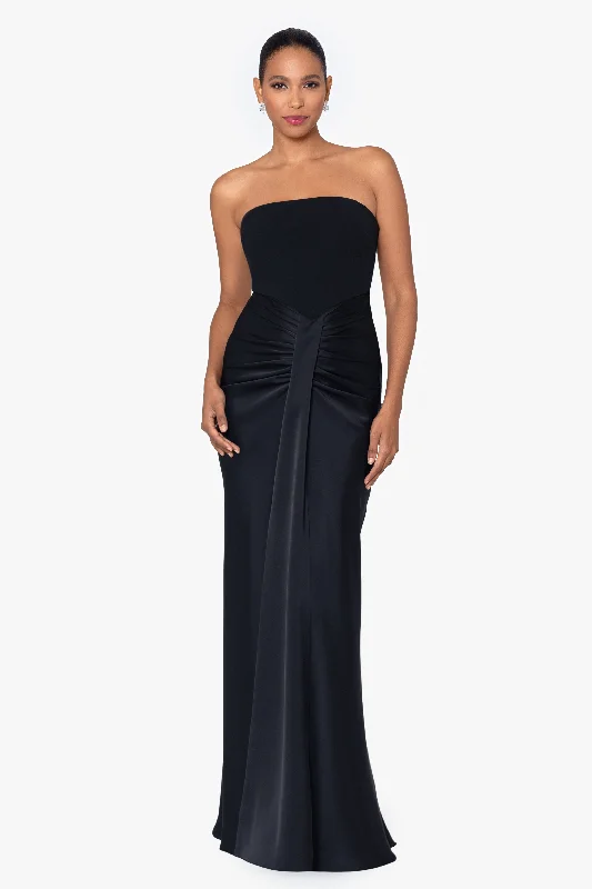 Wedding Guest Dresses with Contrast Trim-"Jess" Long Scuba Crepe and Satin Strapless Dress