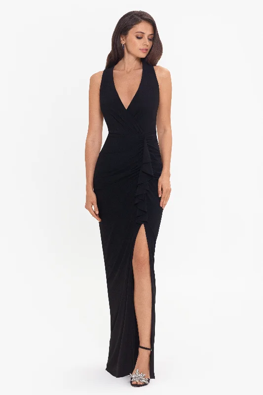 Wedding Guest Dresses for Traveling Abroad-Petite "Bobbi" Ruffled V-Neck Gown