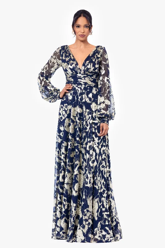 Wedding Guest Dresses for Family Gatherings-"Annabelle" Metallic Foil and Long Mesh Sleeve Gown
