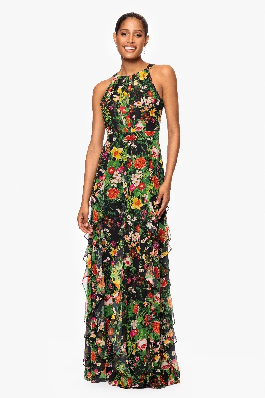 Wedding Guest Dresses for Board Game Nights-"Camille" Floral Print Chiffon Ruffle Floor Length Dress Wedding Guest Dresses for Board Game Nights-"Camille" Floral Print Chiffon Ruffle Floor Length Dress