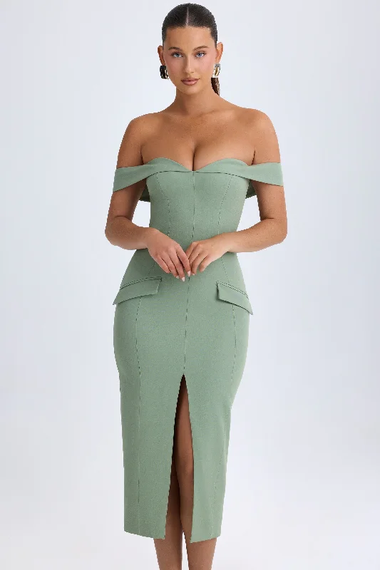 Graduation Dresses for All-Day Wear-Off-Shoulder Midaxi Dress in Khaki Green