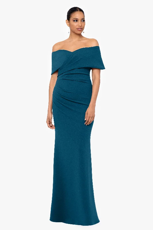 Evening dresses with a structured skirt for added shape-"Tanya" Long Off The Shoulder Scuba Crepe Dress Evening dresses with a structured skirt for added shape-"Tanya" Long Off The Shoulder Scuba Crepe Dress