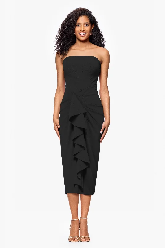 Cocktail Dresses with Off-the-Shoulder Sleeves-"Clover" Scuba Crepe Strapless Ruffle Midi Dress Cocktail Dresses with Off-the-Shoulder Sleeves-"Clover" Scuba Crepe Strapless Ruffle Midi Dress