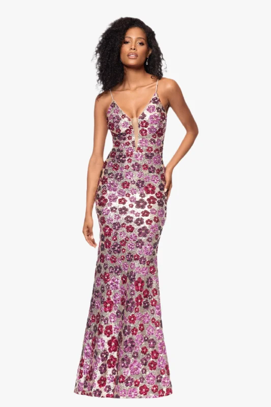 Wedding Guest Dresses with Sandals-"Rava" Sequin V-Neck Illusion Mesh Insert Floor Length Dress