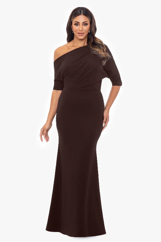 Affordable evening dresses for a luxurious look-"Madeline" Long Scuba Crepe Off the Shoulder Drop Dress Affordable evening dresses for a luxurious look-"Madeline" Long Scuba Crepe Off the Shoulder Drop Dress