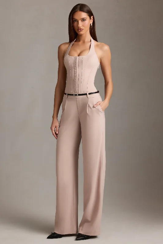 Birthday dresses with a ruched design for a flattering fit-Corset-Detail Halterneck Jumpsuit in Mushroom Birthday dresses with a ruched design for a flattering fit-Corset-Detail Halterneck Jumpsuit in Mushroom