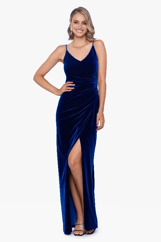 Wedding Guest Dresses for Charity Events-"Maritza" Long Velvet Spaghetti Strap Dress