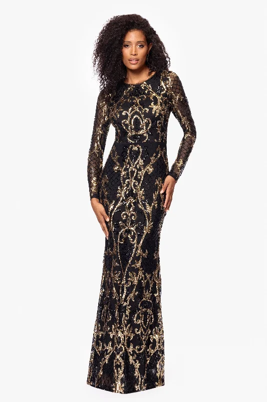 Wedding Guest Dresses for Museum Visits-"Nara" Long Sleeve Sequin Placement Gown