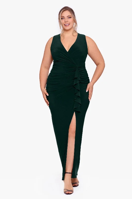 Best evening dresses for winter or fall events-Plus "Bobbi" Long Ruffled V-Neck Gown Best evening dresses for winter or fall events-Plus "Bobbi" Long Ruffled V-Neck Gown
