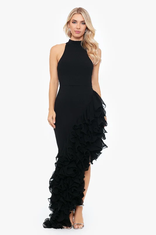 Birthday dresses for a birthday on a budget-"Mona" Long Ponte Asymmetrical Ruffle Mock Neck Dress Birthday dresses for a birthday on a budget-"Mona" Long Ponte Asymmetrical Ruffle Mock Neck Dress