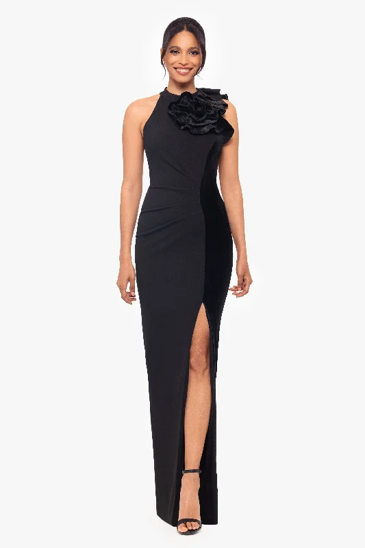 Wedding Guest Dresses with Elastic Closure-"Maddison" Long Ruffle Halter Neck Scuba Crepe and Velvet Stripe Dress Wedding Guest Dresses with Elastic Closure-"Maddison" Long Ruffle Halter Neck Scuba Crepe and Velvet Stripe Dress