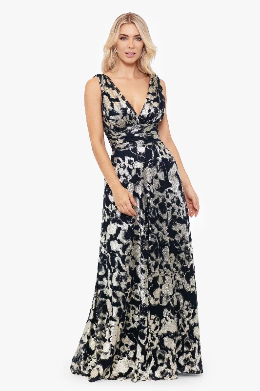 Wedding Guest Dresses for Movie Nights-Petite "Maria" Long Foil V-Neck Floor Length Dress Wedding Guest Dresses for Movie Nights-Petite "Maria" Long Foil V-Neck Floor Length Dress