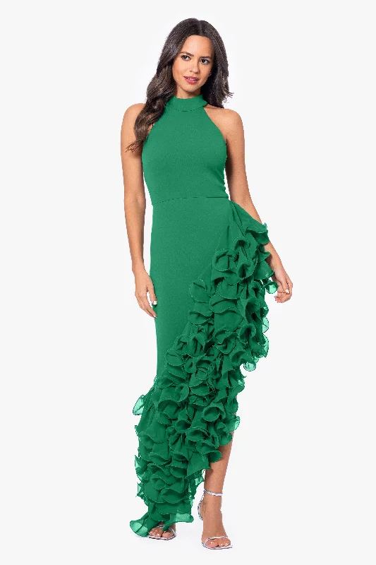 Birthday dresses with a geometric pattern for a bold statement-"Mona" Long Ponte Asymmetrical Ruffle Mock Neck Dress Birthday dresses with a geometric pattern for a bold statement-"Mona" Long Ponte Asymmetrical Ruffle Mock Neck Dress