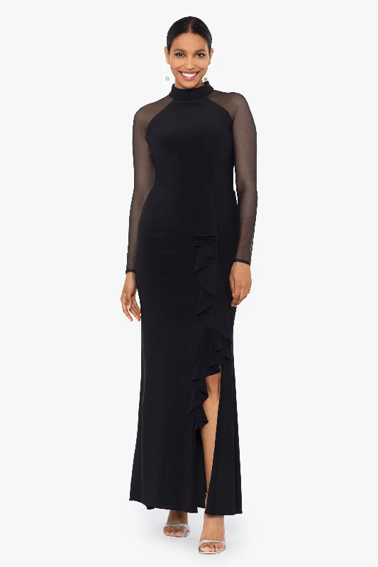 Wedding Guest Dresses for Community Meetings-Petite "Natalie" Long Mock Neck Mesh Sleeve Dress