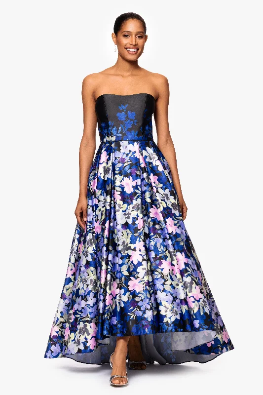 A-Line Wedding Guest Dresses-"Abbey" Satin Print High Low Ballgown