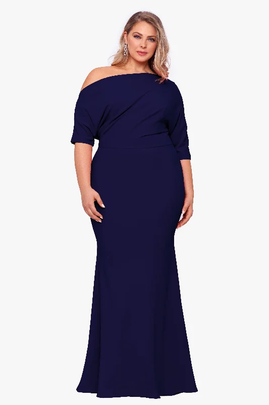 Best evening dresses for a formal VIP event-Plus "Madeline" Long Scuba Crepe Off the Shoulder Drop Dress Best evening dresses for a formal VIP event-Plus "Madeline" Long Scuba Crepe Off the Shoulder Drop Dress