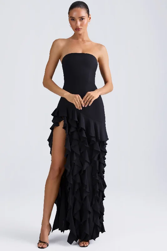 Evening dresses with satin fabric for a smooth finish-Ruffle-Trim Strapless Gown in Black Evening dresses with satin fabric for a smooth finish-Ruffle-Trim Strapless Gown in Black