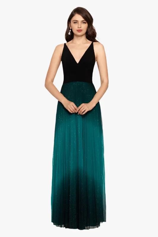 Evening dresses with deep necklines for a daring style-"Berkley" Long V- Neck Jersey Knit Pleated Glitter Skirt Dress Evening dresses with deep necklines for a daring style-"Berkley" Long V- Neck Jersey Knit Pleated Glitter Skirt Dress