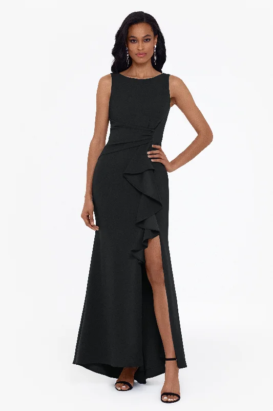 Elegant evening dresses for a sophisticated look-Petite "Christine" Scuba Crepe Ruffled Bow Gown Elegant evening dresses for a sophisticated look-Petite "Christine" Scuba Crepe Ruffled Bow Gown