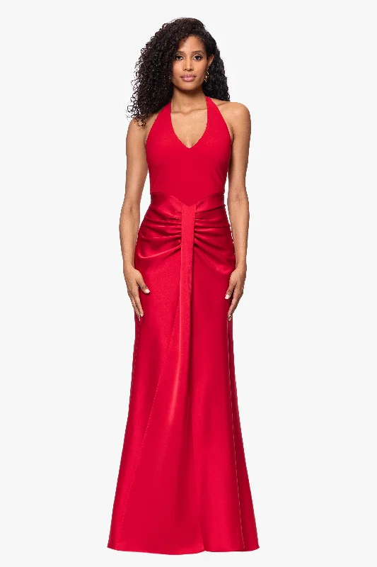 Graduation Dresses for Winter Sports-"Roxy" Jersey Knit Halter Neck With Satin Skirt Floor Length Dress Graduation Dresses for Winter Sports-"Roxy" Jersey Knit Halter Neck With Satin Skirt Floor Length Dress