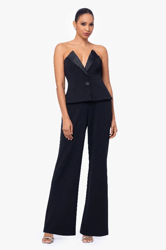 Wedding Guest Dresses with Pom-Pom Trim-"Farrah" Deep V-Neck Strapless Scuba Crepe Tuxedo Jumpsuit Wedding Guest Dresses with Pom-Pom Trim-"Farrah" Deep V-Neck Strapless Scuba Crepe Tuxedo Jumpsuit