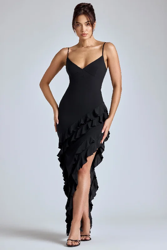 Birthday dresses with an asymmetrical cut for a stylish edge-Panelled Ruffle Evening Gown in Black Birthday dresses with an asymmetrical cut for a stylish edge-Panelled Ruffle Evening Gown in Black