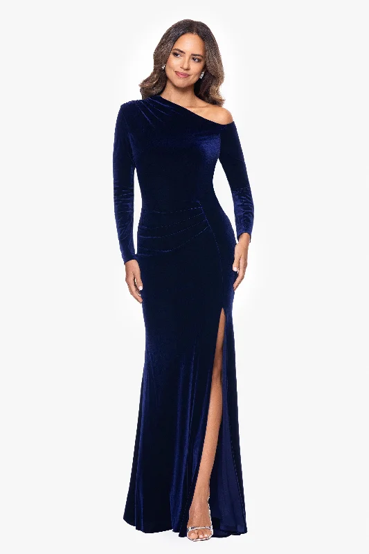 Wedding Guest Dresses for Art Galleries-"Annette" Long Velvet Drop Shoulder Long Sleeve Dress