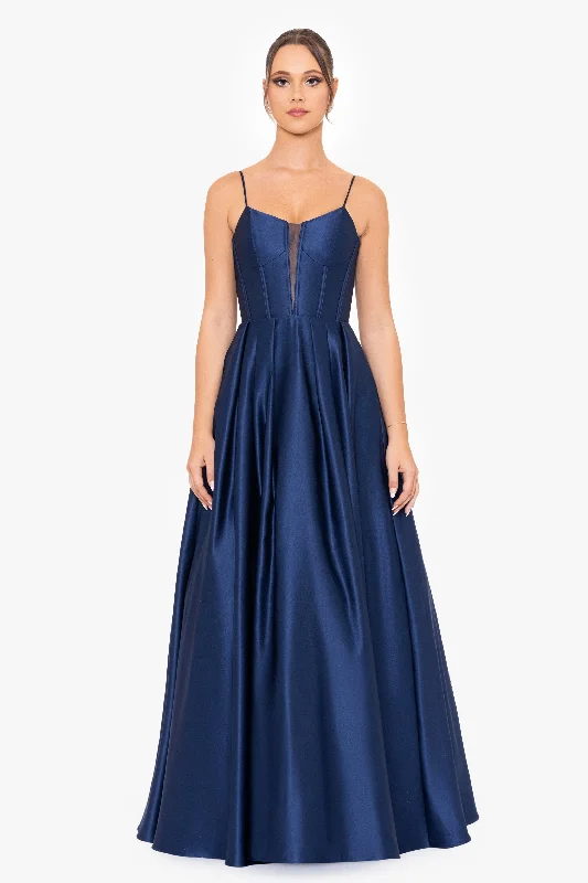 Maxi Graduation Dresses-Blondie Nites "Carol" Long Satin Mesh Insert Ballgown