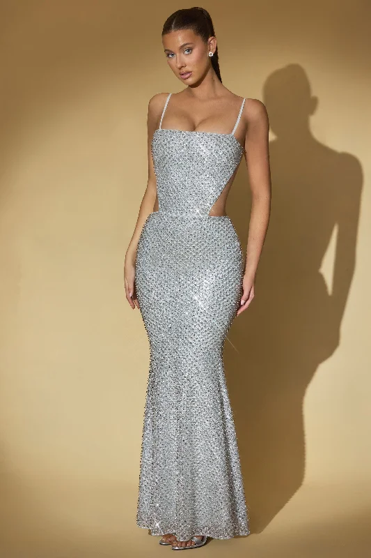 Best birthday dresses for a beachside birthday celebration-Embellished Cut-Out Gown in Silver