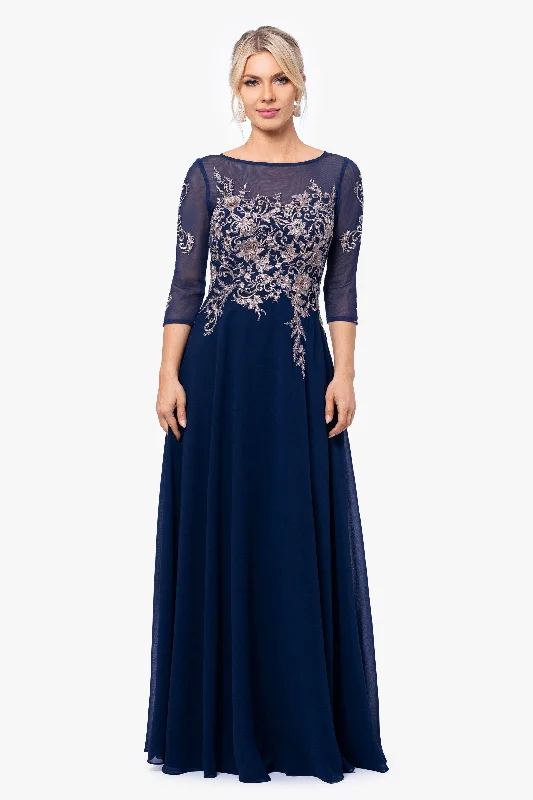 Wedding Guest Dresses with Velvet Details-Petite "Brooklyn" Long Embroidery 3/4 Sleeve Dress Wedding Guest Dresses with Velvet Details-Petite "Brooklyn" Long Embroidery 3/4 Sleeve Dress