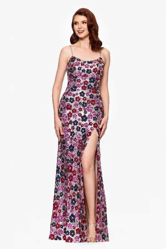 Jersey Graduation Dresses-"Miley" Long Floral Sequin Spaghetti Strap Floor Length Dress Jersey Graduation Dresses-"Miley" Long Floral Sequin Spaghetti Strap Floor Length Dress