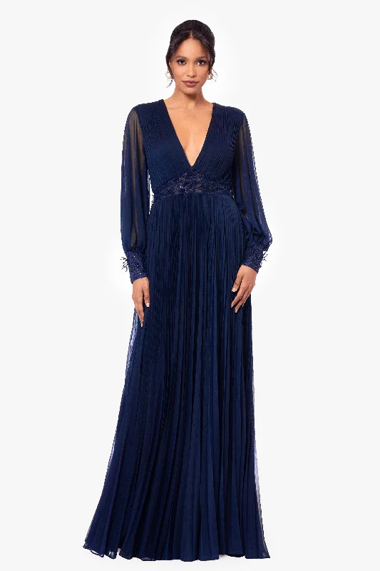 Wedding Guest Dresses with Detachable Sleeves-"Julie" Long Power Mesh Sequin Waist Long Sleeve Dress