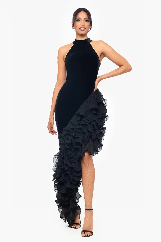 Wedding Guest Dresses with Metallic Accents-"Cassie" Long Velvet Asymmetrical Ruffle Mock Neck Dress
