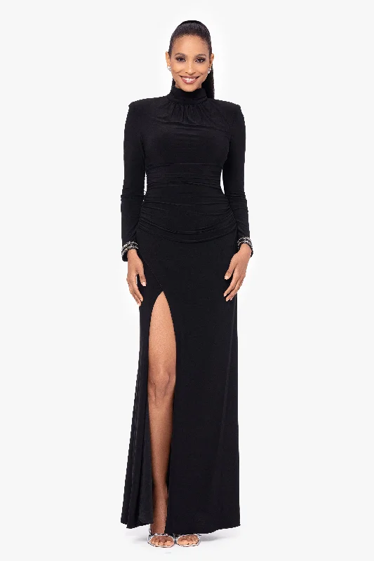 Wedding Guest Dresses with Interchangeable Buttons-"Roxie" Long Jersey Knit Mock Neck Embellished Wrist Floor Length Dress