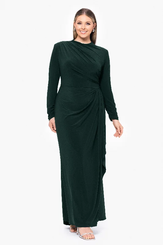 Wedding Guest Dresses with Iridescent Colors-Plus "Jeanette" Long Sleeve Stretch Knit Side Ruffle Dress