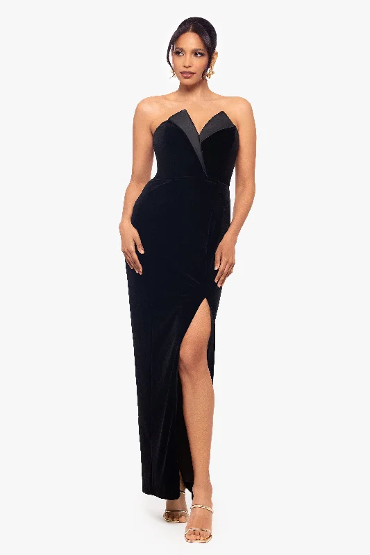 Where to find evening dresses with a flattering fit-Petite "Liliana" Long Velvet Strapless Tuxedo Dress Where to find evening dresses with a flattering fit-Petite "Liliana" Long Velvet Strapless Tuxedo Dress
