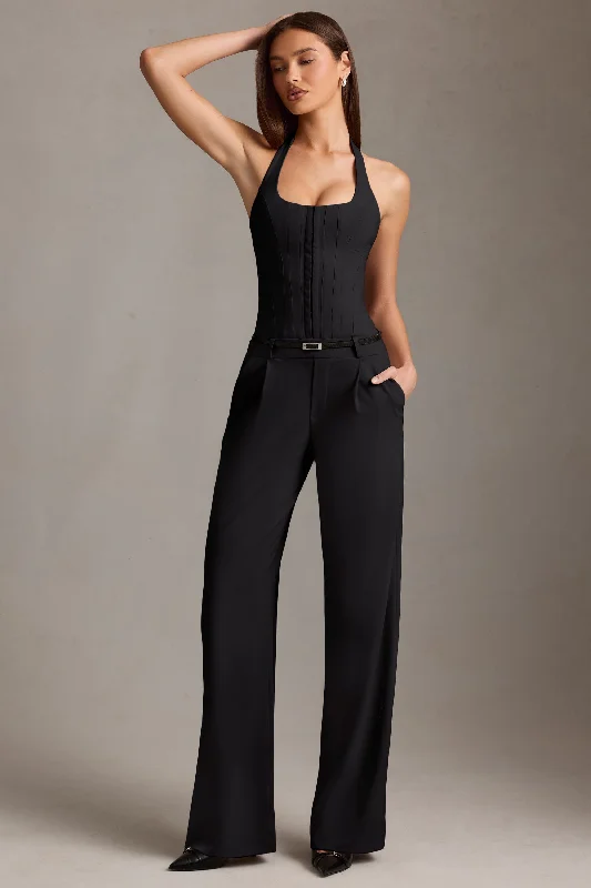 Birthday dresses for a black-tie birthday celebration-Corset-Detail Halterneck Jumpsuit in Black Birthday dresses for a black-tie birthday celebration-Corset-Detail Halterneck Jumpsuit in Black