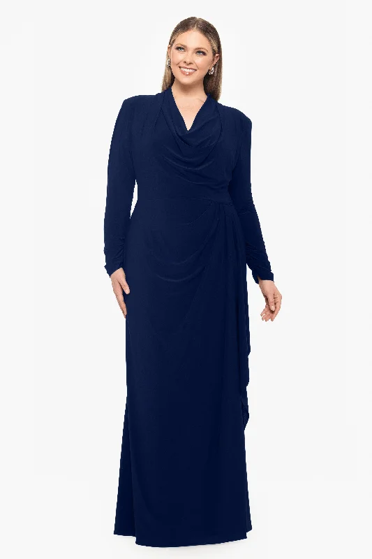 Wedding Guest Dresses with Tassel Details-Plus "Renee" Long Sleeve Jersey Knit V-Neck Dress Wedding Guest Dresses with Tassel Details-Plus "Renee" Long Sleeve Jersey Knit V-Neck Dress
